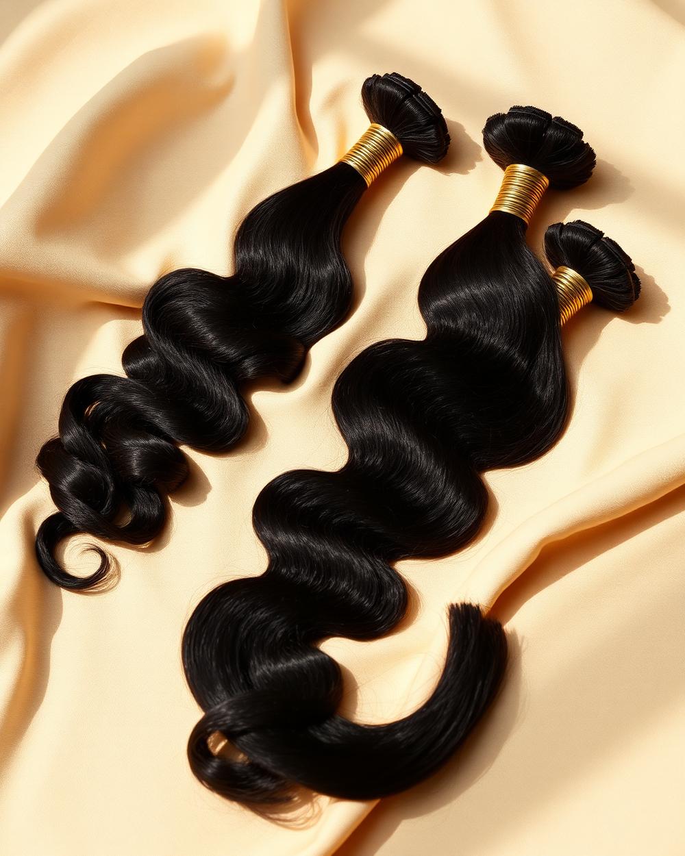 The Amara body wave hair in deep natural black on cream silk